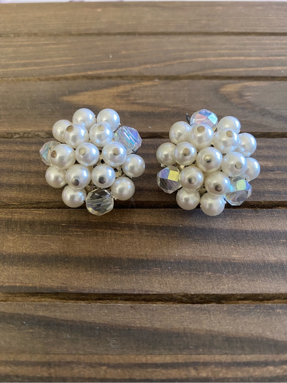 Japan Faux Pearl & Aurora Borealis Crystal Vintage Cluster Clip-On Earrings